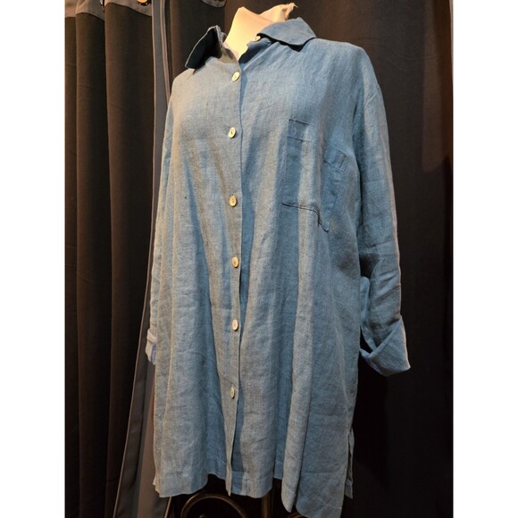 Bryn Walker Blue Linen Classic Collar Shirt, Oversized XL or XXL - Picture 1 of 8